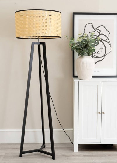 ValueLights Lottie Painted Black Floor Lamp with Large Cane Drum Trim Shade