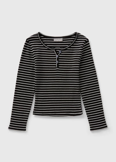 Girls Black Stripe Ribbed Button Henley Top (7-15yrs)