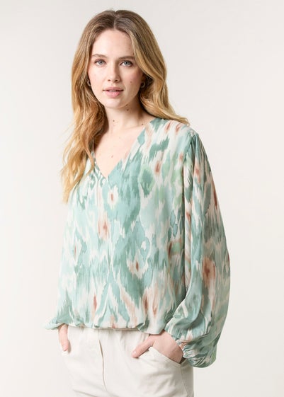 Blue Vanilla Mint V Neck Water Colour Print Blouse