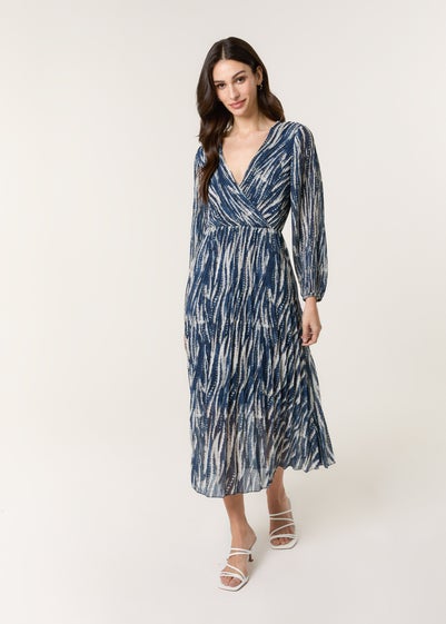 Blue Vanilla Navy Wave Print Pleated Wrap Front Dress