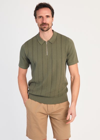 Kensington Eastside Khaki Cotton Short Sleeve Zip Neck Polo Shirt