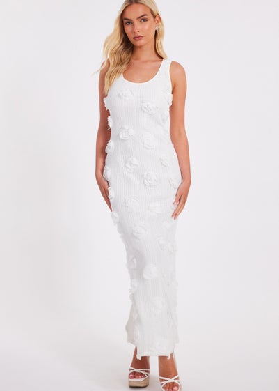 Quiz White Knitted Floral Midaxi Dress