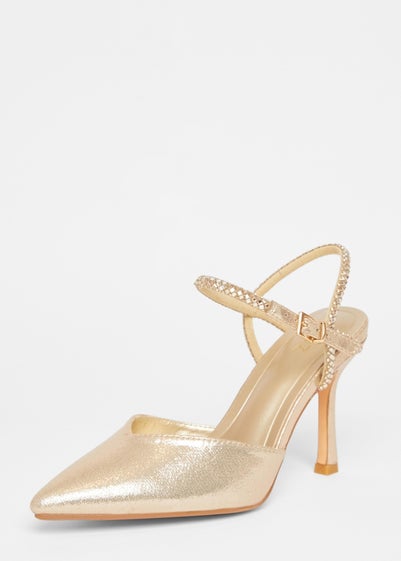 Quiz Gold Diamante Strap Court Heels