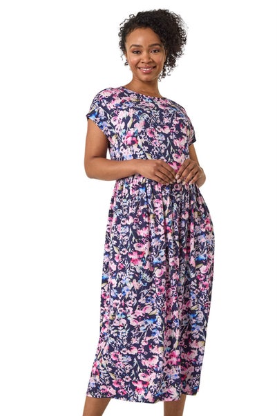 Roman Navy Petite Floral Print Gathered Midi Dress