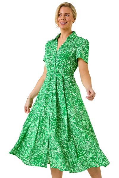 Roman Green Petite Abstract Print Button Shirt Dress