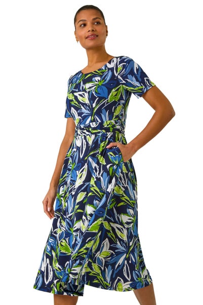 Roman Blue Leaf Print Gathered Midi Dress