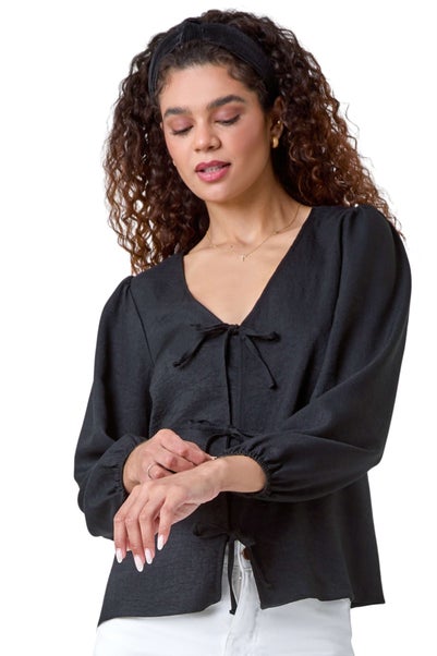 Roman Black Tie Front Woven Top