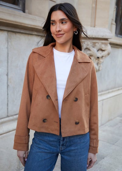 Threadbare Beige Cropped Suedette Trench Coat
