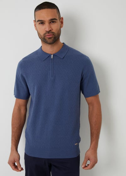 Threadbare Blue Textured Front Quarter Zip Knitted Polo