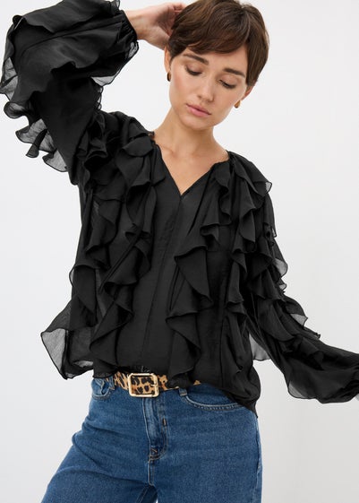 Black Frill V Neck Blouse