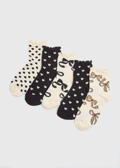5 Pack Girls Black Mono Bow Heart Socks (Younger 6-Older 6.5)