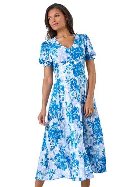 Roman Blue Button Through Floral Shirred Midi Dress