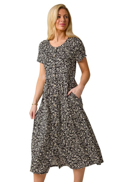 Roman Black Petite Abstract Print Button Shirt Dress