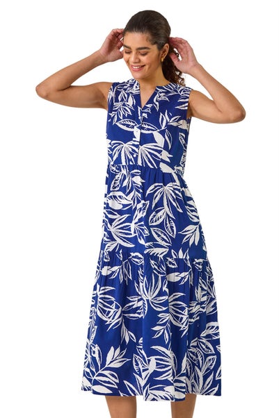 Roman Blue Leaf Print Midi Dress