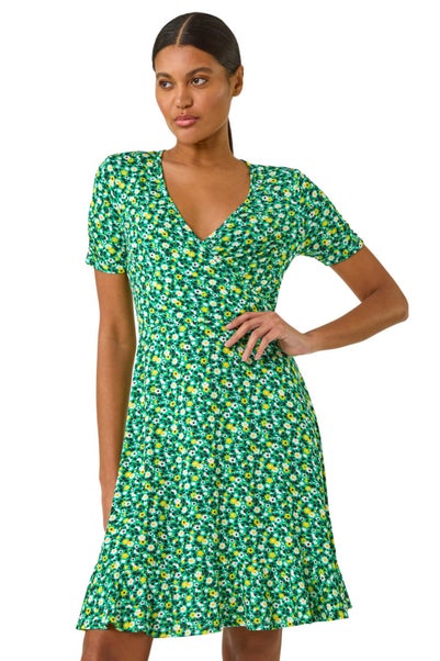 Roman Green Ditsy Floral Wrap Frill Stretch Dress