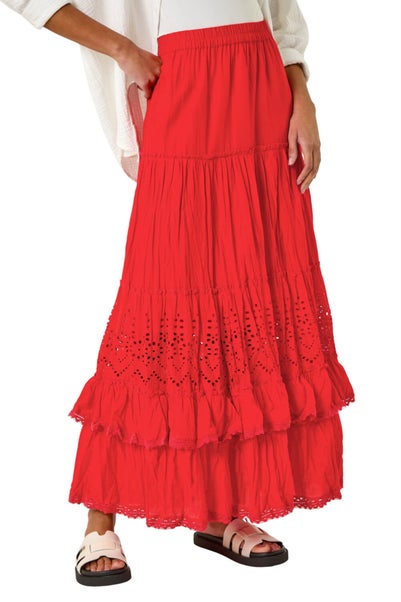 Roman Red Broderie Tiered Maxi Skirt