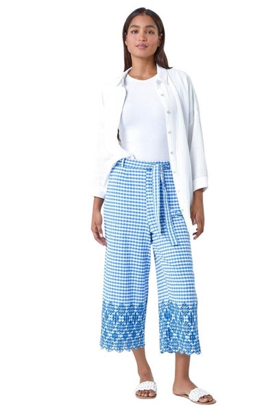Roman Blue Gingham Cotton Broderie Cropped Trousers