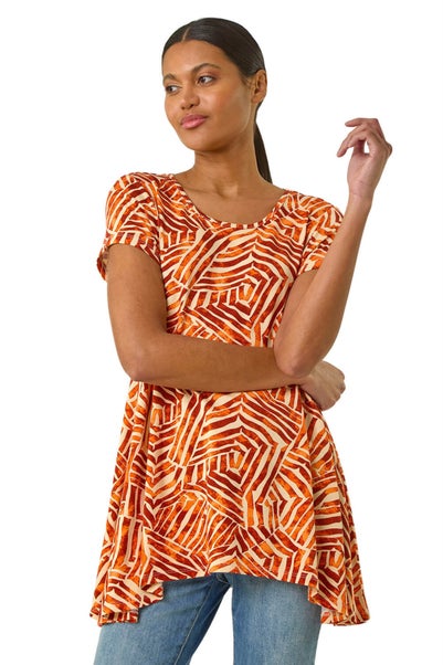 Roman Orange Leaf Print Hanky Hem Tunic Top