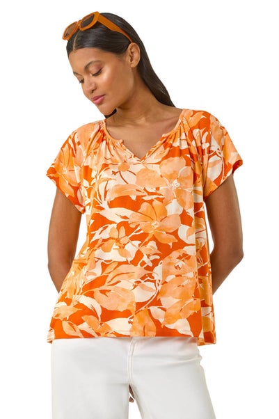 Roman Orange Abstract Leaf Print Stretch Top