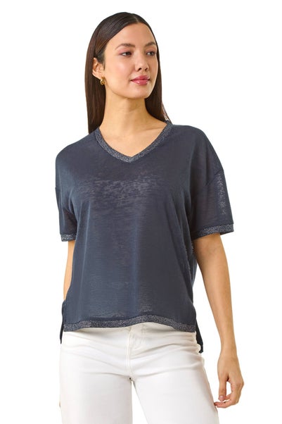 Roman Navy Metallic Trim V-Neck T-Shirt