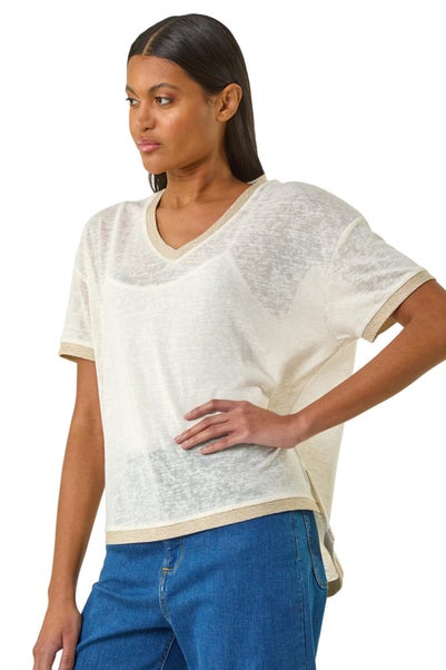 Roman Cream Metallic Trim V-Neck T-Shirt