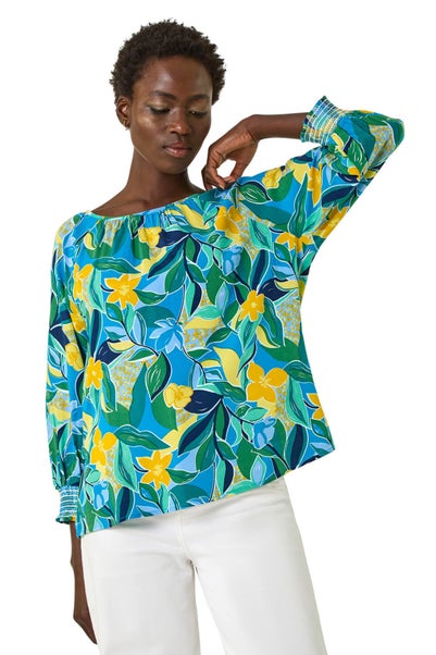 Roman Blue Leaf Print 3/4 Sleeve Top