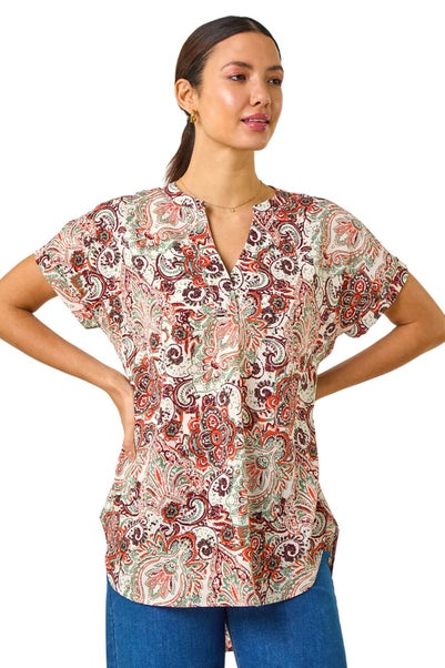 Roman Orange Paisley Print V-Neck Top
