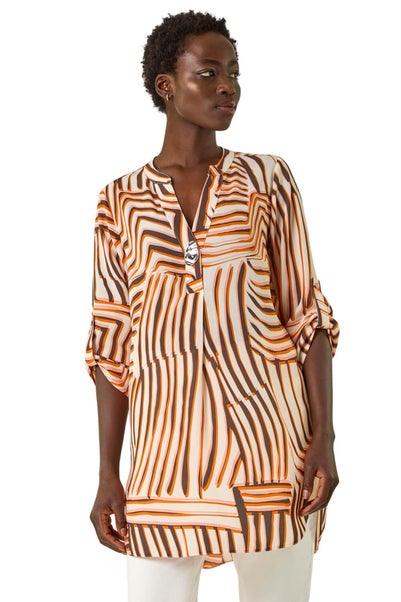 Roman Orange Abstract Linear Print V-Neck Button Top