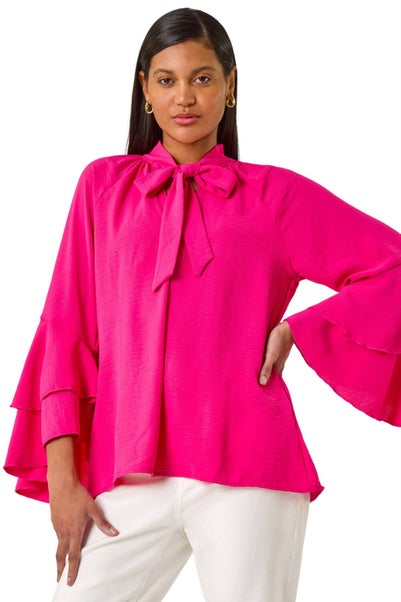 Roman Cerise Frilled Sleeve Tie Front Top