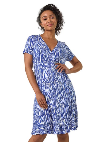 Roman Blue Petite Abstract Print Wrap Frill Dress