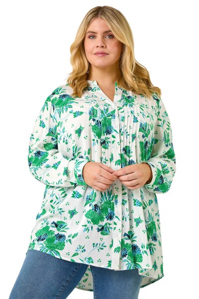 Roman Green Curve Floral Print Pintuck Blouse
