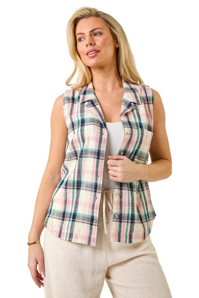 Roman Pink Petite Check Print Button Blouse
