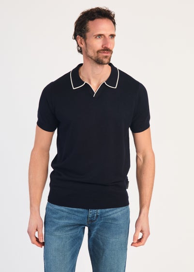 French Connection Navy Short Sleeve Open Collar Trimmed Polo Shirt