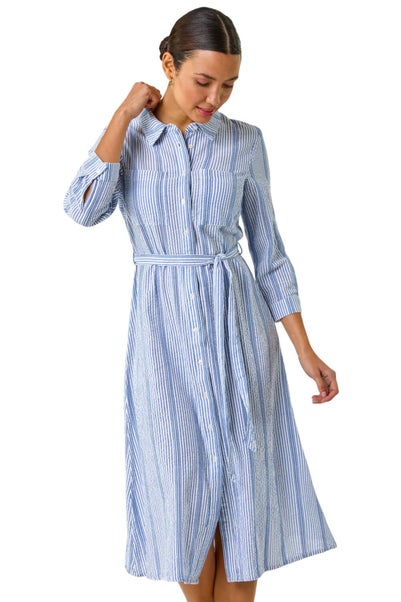 Roman Light Blue Textured Stripe Belted Shirt Dress