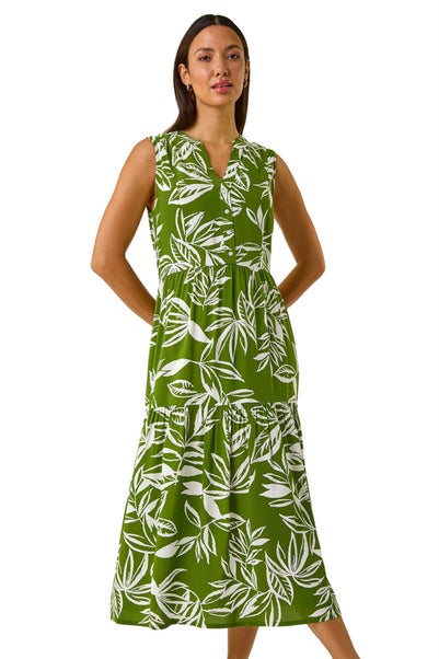 Roman Green Leaf Print Midi Dress