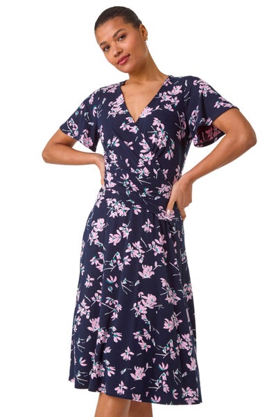 Roman Navy Floral Print Wrap Over Midi Dress