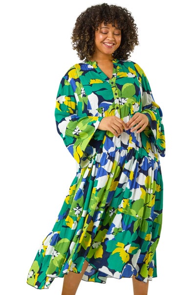 Roman Lime Curve Floral Print Tiered Dress