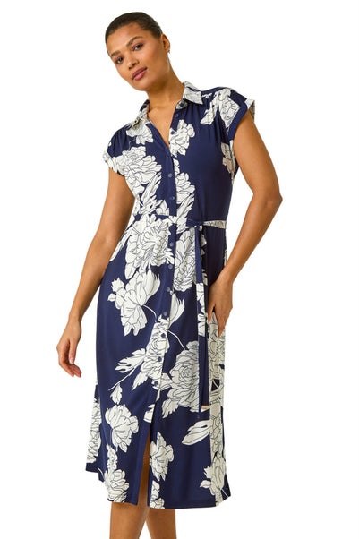Roman Navy Floral Print Stretch Shirt Dress