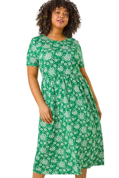 Roman Green Curve Floral Print Stretch Midi Dress