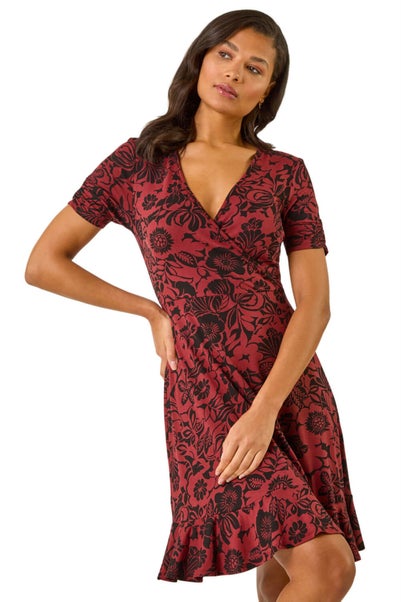 Roman Rust Floral Print Wrap Frill Stretch Dress