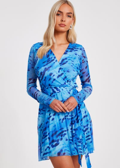 Quiz Blue Mesh Animal Print Skater Dress