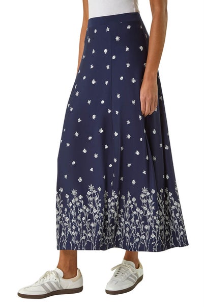 Roman Navy Floral Border Print Stretch Skirt