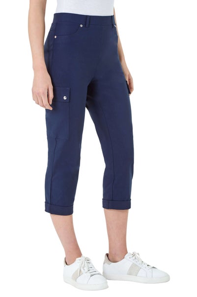 Roman Navy Elastic Waist Turn Up Stretch Cargo Trousers