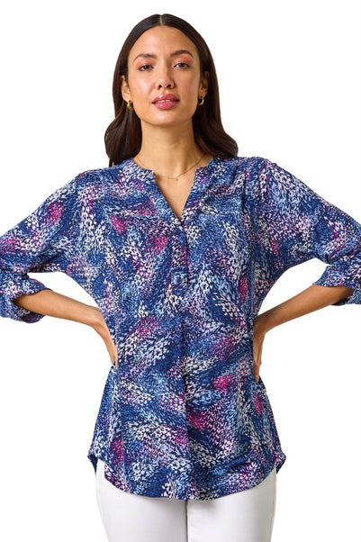 Roman Pink Textured Abstract Print V-Neck Stretch Top