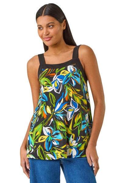 Roman Green Floral Print Cami Stretch Top