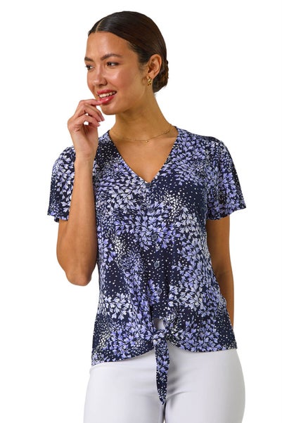 Roman Lilac Floral Print Tie Front Stretch Top