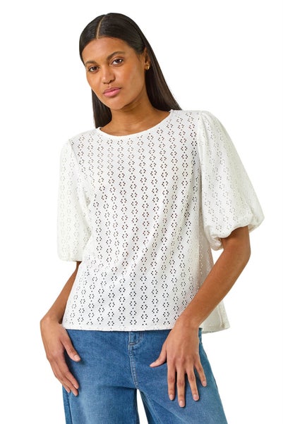 Roman Ivory Broderie Puff Sleeve Top