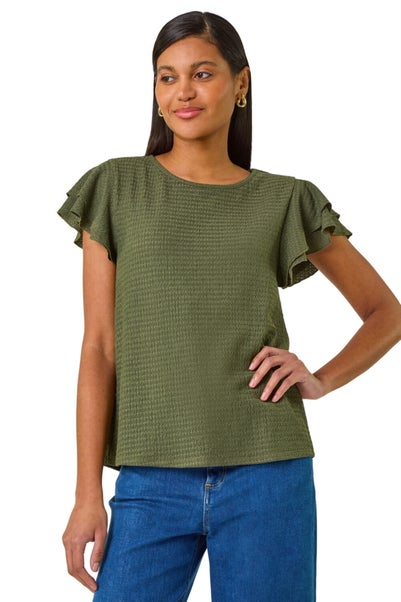 Roman Khaki Textured Frill Sleeve T-Shirt