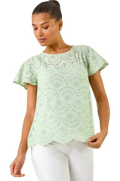 Roman Green Broderie Short Sleeve Top