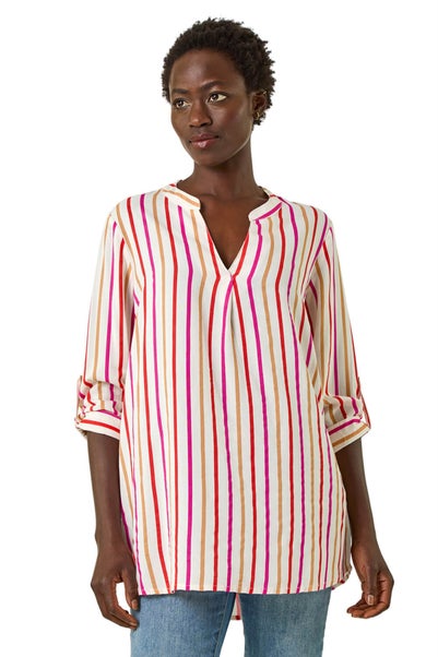 Roman Pink Vertical Stripe Pleat Detail Top